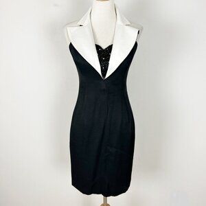 Y2K 90's Vintage Ever Beauty Tuxedo Lapel Dress Black & White Satin Beaded